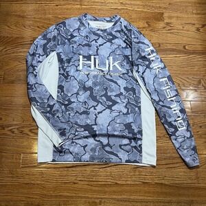 HUK Fishing Shirt Mens Small Blue White Performance Lightweight Camo Long Sleeve